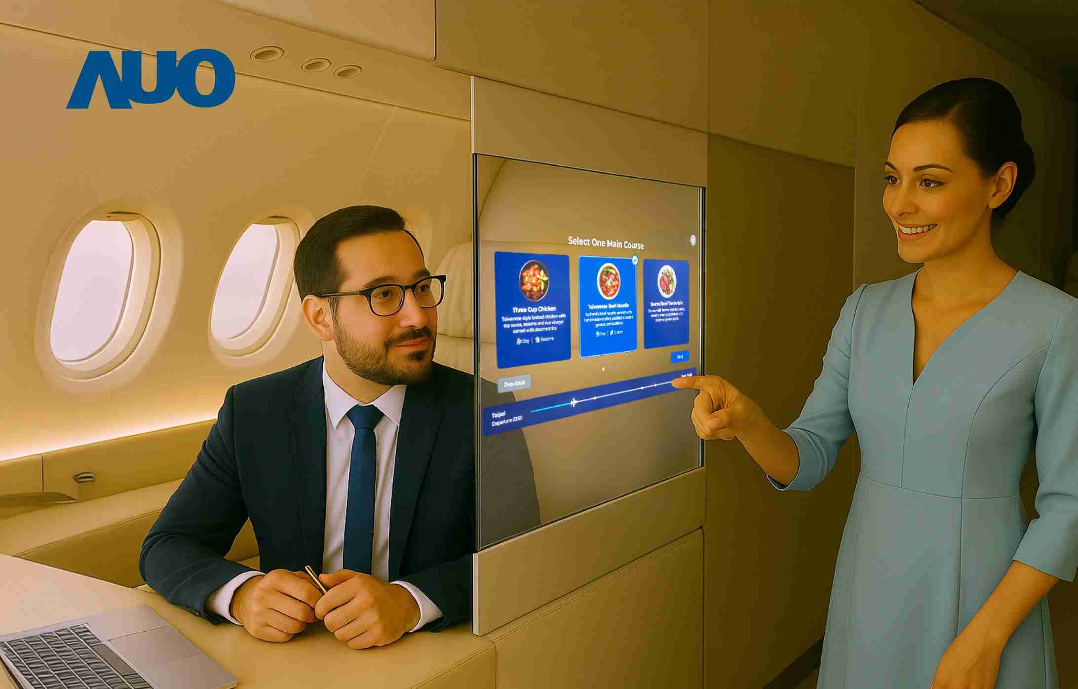 云顶国际8588yd研发全球最薄17.3 吋双面透明 Micro LED 显示器，，可在同一屏幕之双边投射不同信息，，，创造独特的”透明化”互动；图为实时翻译交流应用情境